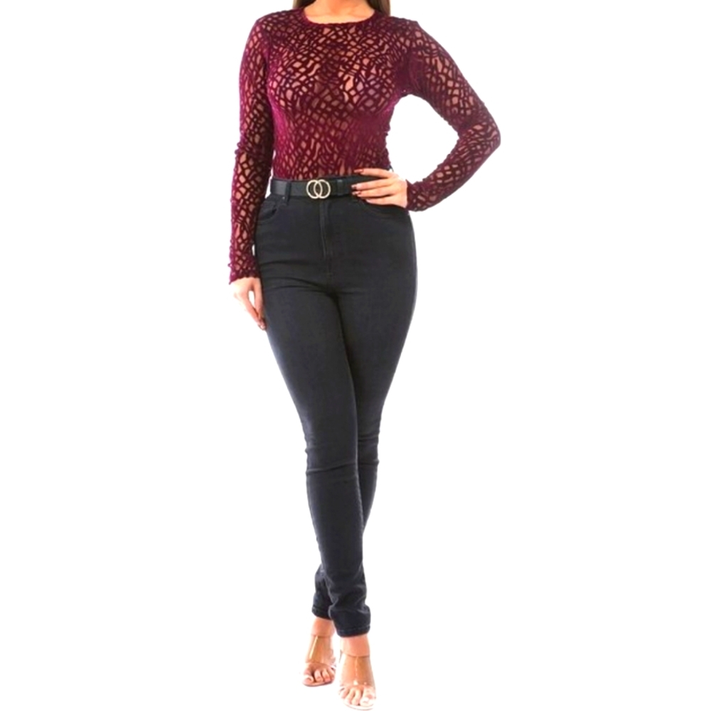 Alluring Burgundy Mesh & Velvet Bodysuit